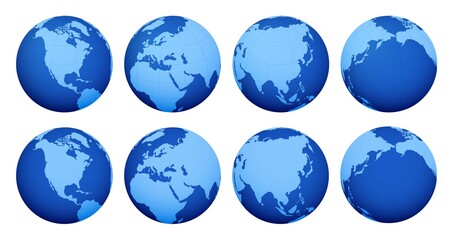 Isometric set of Planet Earth. Global map Earth hemispheres with continents.