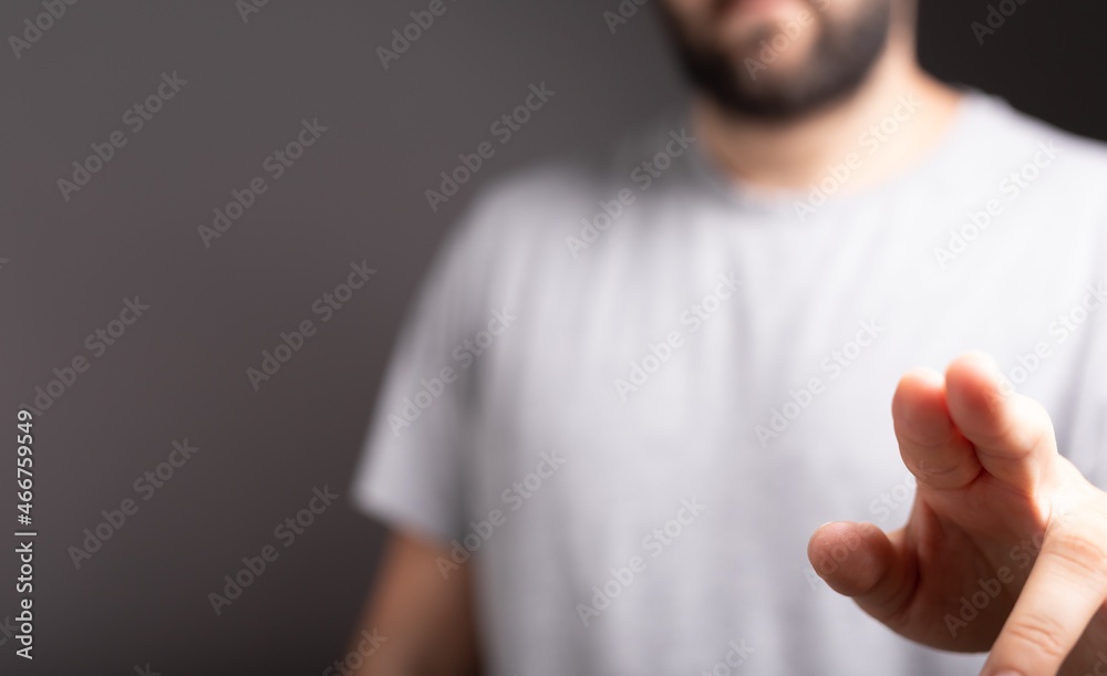 Poster businessman pointing or touching finger in screen..