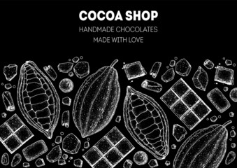 Chocolate cooking and ingredients for chocolate, sketch illustration. Cocoa pod and cocoa products. Vector illustration. Super food frame. Healthy food, design elements. Hand drawn, package design.