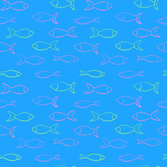 Seamless blue background with pink and green fish.