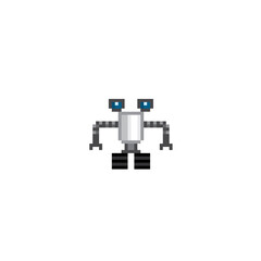 Robot. Artificial Intelligence Related. Android, Humanoid Robot, Thinking Machine. Design for logo, stickers, web, mobile app. Pixel art. Old school computer graphic. 8 bit video game. Game assets.