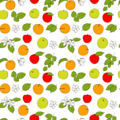 Seamless background with red, orange, yellow apples and leaves with flowers.