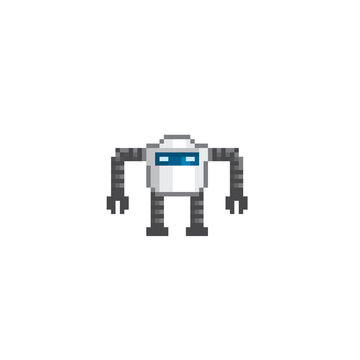Robot. Artificial Intelligence Related. Android, Humanoid Robot, Thinking Machine. Design for logo, stickers, web, mobile app. Pixel art. Old school computer graphic. 8 bit video game. Game assets.