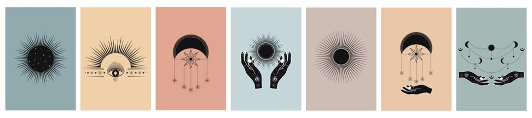 Hand drawn cards of mystical Sun with Moon, eyes and stars in line art. Spiritual symbol celestial space. Magic talisman, antique style, boho, vintage, tattoo, logo. Vector sketch set illustration