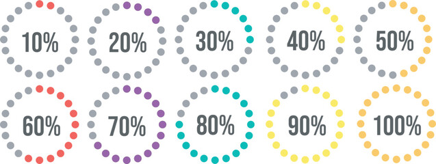 Set of circle percentage diagrams from 10 to 100 percent. Vector illustration. Infographic - obrazy, fototapety, plakaty