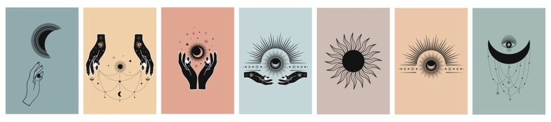 Hand drawn cards of mystical Sun with Moon, eyes and stars in line art. Spiritual symbol celestial space. Magic talisman, antique style, boho, vintage, tattoo, logo. Vector sketch set illustration
