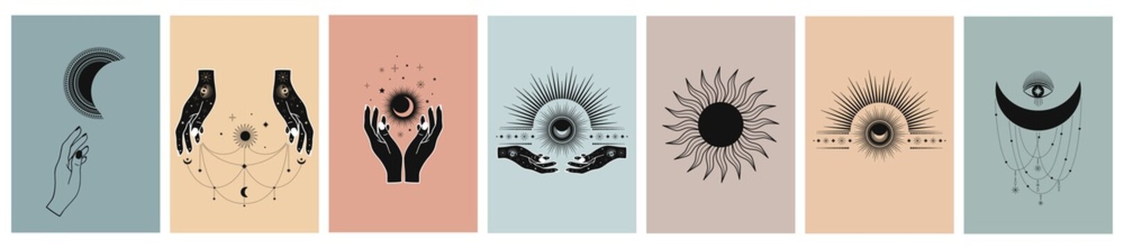 Hand drawn cards of mystical Sun with Moon, eyes and stars in line art. Spiritual symbol celestial space. Magic talisman, antique style, boho, vintage, tattoo, logo. Vector sketch set illustration