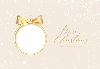 Merry christmas greeting card with lettering. Golden confetti falls on the background. Happy new year . Christmas ball.