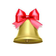 Holiday decoration element, golden bell with red bow. Vector illustration