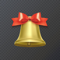 Holiday decoration element, golden bell with red bow. Vector illustration