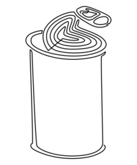Iron can with an open lid. Humorous mock-up. Continuous line drawing Illustration.