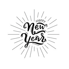 Happy New Year, black letters with rays on the white background.  Creative typography for Holiday greeting cards, banner Hand-drawn modern style calligraphy for holiday banners, invitations 2022