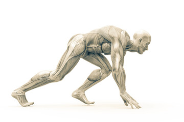 muscleman anatomy heroic body doing a runner pose in white background