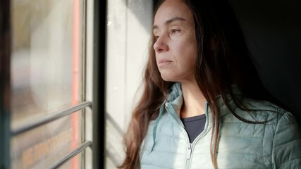 tired middle aged woman is riding on train, standing in tambour