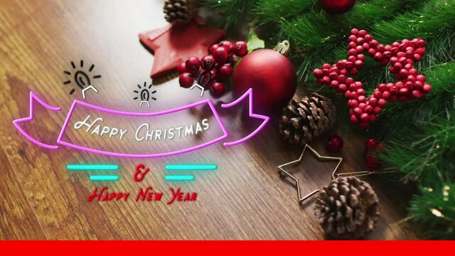 Animation of happy christmas text over pine cones
