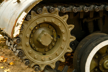 The track of a combat tank of an exhibition model at an exhibition of military equipment.