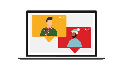 happy birthday quarantine, online party. Vector illustration. People wishing Merry Christmas and Happy New Year. Celebrating holiday and giving gifts via video call or web conference in 2022.