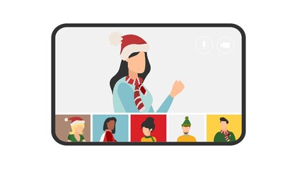 happy birthday quarantine, online party. Vector illustration. People wishing Merry Christmas and Happy New Year. Celebrating holiday and giving gifts via video call or web conference in 2022.