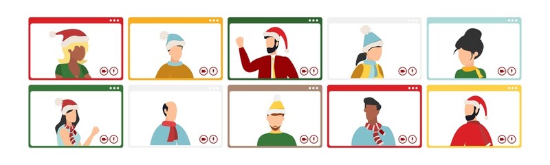 happy birthday quarantine, online party. Vector illustration. People wishing Merry Christmas and Happy New Year. Celebrating holiday and giving gifts via video call or web conference in 2022.