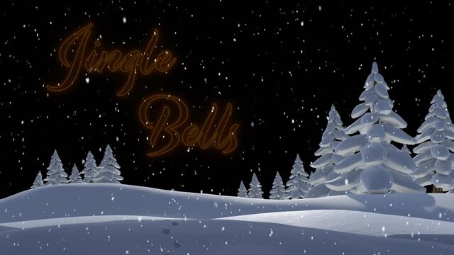 Animation of jingle bells text over snow falling and winter landscape at christmas