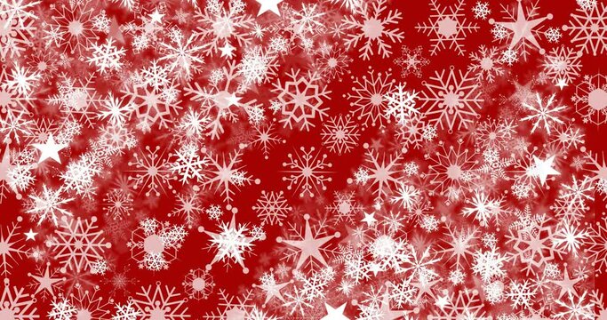 Animation of snow falling over snowflakes on red background at christmas