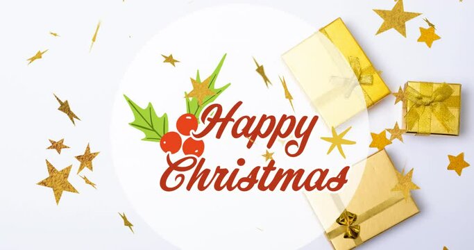 Animation of happy christmas text over stars falling and presents