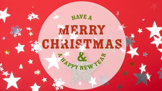 Animation of merry christmas text over stars and snow falling on red background