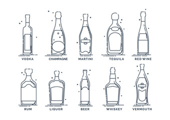 Set alcoholic drinks. Alcohol bottles with signatures of drinks. White background. Illustration isolated. Outline flat style. Vodka champagne martini tequila wine rum liquor beer whiskey vermouth