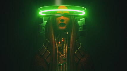 Portrait of cyborg girl with long black hair, metal grunge wires on her neck on dark scene with glowing green futuristic circles. 3d illustration of futuristic post apocalypse cyber female character. © roman3d