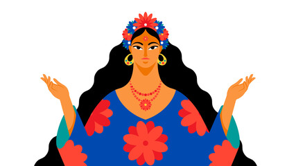 Magical goddess, priestess. Beautiful fairy woman with long hair in lotus position and spreading hands. Headband of flowers, fantasy dress, divine look. Flat vector illustration.