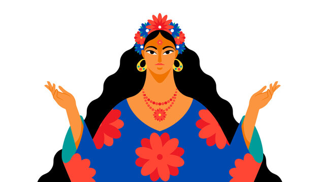 woman with flowers, blue dress, open hands clip art preview