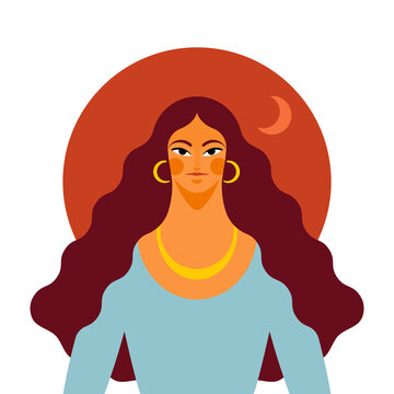 Moon goddess. Beautiful divine girl with crescent necklace. Bohemian princess. Boho style woman. Modern style illustration.