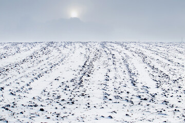 Snow-covered plowed field. Winter field with cloudy sky and dim sun