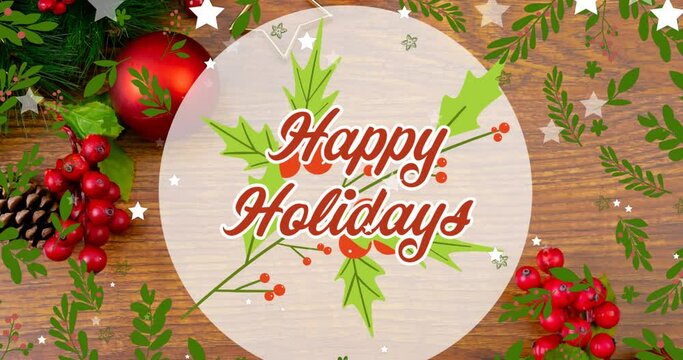Animation of happy holidays text over stars falling and christmas decorations on table