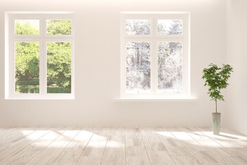 White empty room with summer and winter landscape in window. Scandinavian interior design. 3D illustration