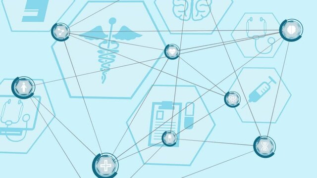 Animation of digital interface with network of connections and medical icons on blue background