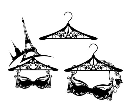 elegant bra lingerie and hanger with rose flowers by eiffel tower silhouette -  luxurious french underwear black and white vector design set