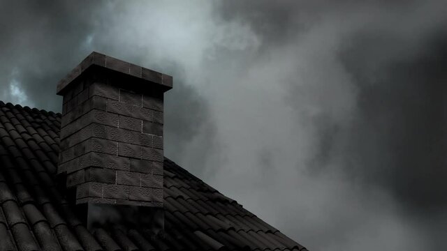 Animation of storm with clouds and lightning over house roof and chimney