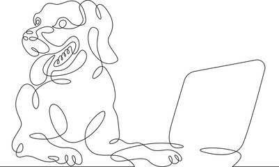 Dog logo. A dog sits with a laptop. A pet with a computer.One continuous line .One continuous drawing line logo isolated minimal illustration.