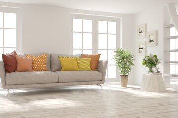 White living room with sofa. Scandinavian interior design. 3D illustration