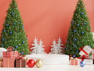 White product display podium with christmas tree in living room on red wall background.