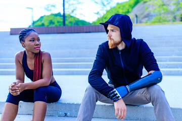 mixed race friends fitness training together outdoors summer morning