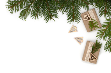 Christmas composition on white background, flat lay, top view, copy empty space, holiday concept multicolored christmas toys and gifts with fir branches