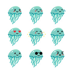 Set, collection, pack of jellyfish emoji, vector cartoon style icons of colorful jellyfish characters with different facial expressions, happy, sad, joyful, wearing sunglasses.
