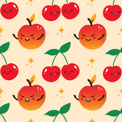Cute smiling cartoon style apple and cherry characters vector seamless pattern background for food and nature design.