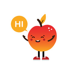 Cute cartoon style orange red apple character with speech bubble saying hi, hello. 
