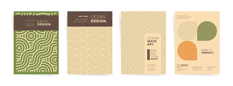 Geometric business asian minimalism design template set. Abstract vector japanese wavy lines. Cover template for poster, brochure, flyer, banner, background. Vintage beige green sea ocean pattern.
