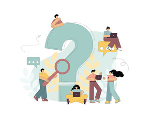 Question mark. People ask questions around a huge question mark. Vector flat illustration.