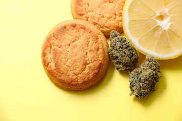 Cookies with CBD oil. Marijuana buds on yellow background. Cannabis blooms and lemon cookies close-up. Top view, flat lay.