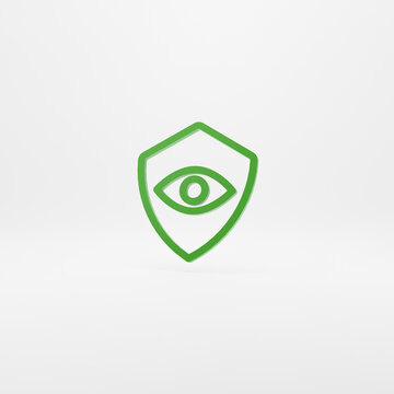 Green Shield and eye icon isolated on green background. Security, safety, protection, privacy concept. Minimalism concept. 3d illustration 3D render